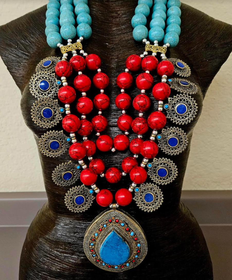 Huge Middle Eastern Magnesite Beaded Tribal Statement Chest Piece - Red Blue and Green Ethnic Statement Necklace with Kuchi Charms - Waziri Kuchi Berber Turkman Yemen Nomadic Belly DancerNecklace - Kat Kouture Jewelry