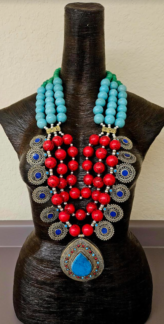 Huge Middle Eastern Magnesite Beaded Tribal Statement Chest Piece - Red Blue and Green Ethnic Statement Necklace with Kuchi Charms - Waziri Kuchi Berber Turkman Yemen Nomadic Belly DancerNecklace - Kat Kouture Jewelry