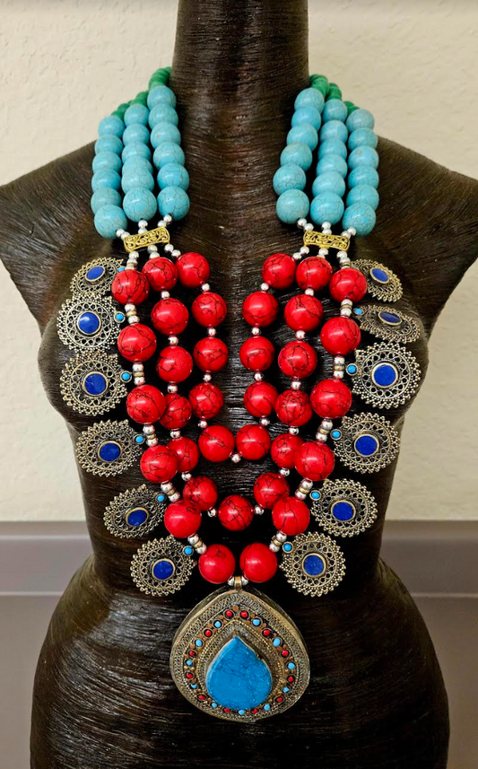 Huge Middle Eastern Magnesite Beaded Tribal Statement Chest Piece - Red Blue and Green Ethnic Statement Necklace with Kuchi Charms - Waziri Kuchi Berber Turkman Yemen Nomadic Belly DancerNecklace - Kat Kouture Jewelry