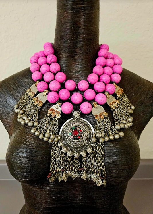 Big Pink Magnesite Beaded Tribal Waziri Dome Statement Necklace - Pink & Silver Ornate Ethnic Chest Piece with Kuchi Dangles - OOAK Wearable Art from Kat Kouture - Belly Dancer Jewels