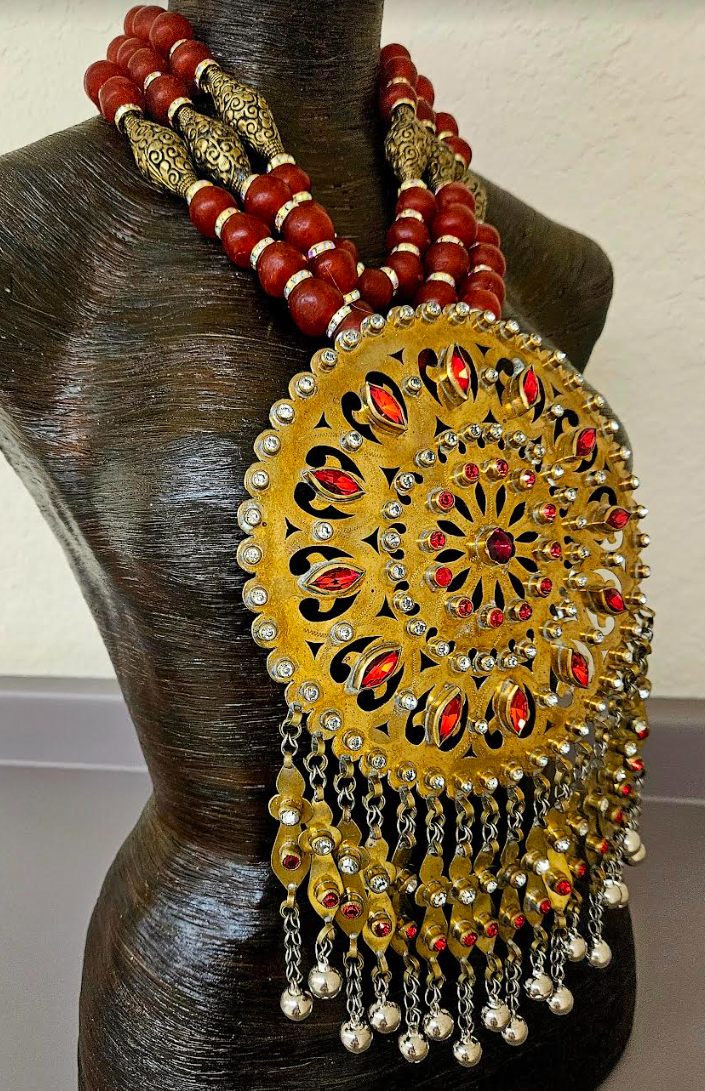 Massive Ethnic Inlaid Glass Brass Breast Plate for Unisex - Ornate Glass & Rhinestone Tribal Chest Piece - Bold Chunky Heavy Red Glass and Tibetan Brass Repousse Multi Strand Necklace - Kat Kouture Jewelry