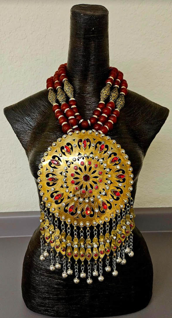 Massive Ethnic Inlaid Glass Brass Breast Plate for Unisex - Ornate Glass & Rhinestone Tribal Chest Piece - Bold Chunky Heavy Red Glass and Tibetan Brass Repousse Multi Strand Necklace - Kat Kouture Jewelry