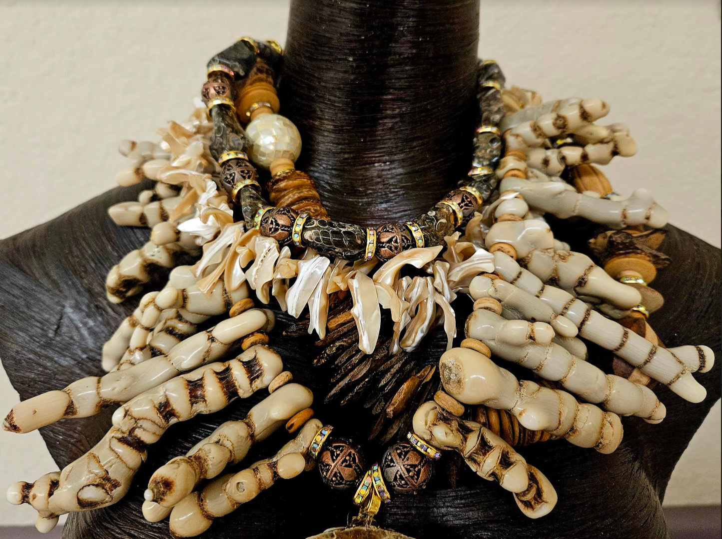 Earth Tone Coral Shell Wood and Fossil Haute Couture Chest Piece - Ammonite Pendant & Mixed Media Sea Gems Statement Necklace - OOAK Wearable Art from Kat Kouture Jewelry - Met Gala Worthy Accessories for Wealthy Women