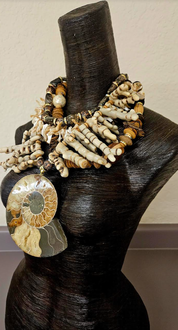 Earth Tone Coral Shell Wood and Fossil Haute Couture Chest Piece - Ammonite Pendant & Mixed Media Sea Gems Statement Necklace - OOAK Wearable Art from Kat Kouture Jewelry - Met Gala Worthy Accessories for Wealthy Women