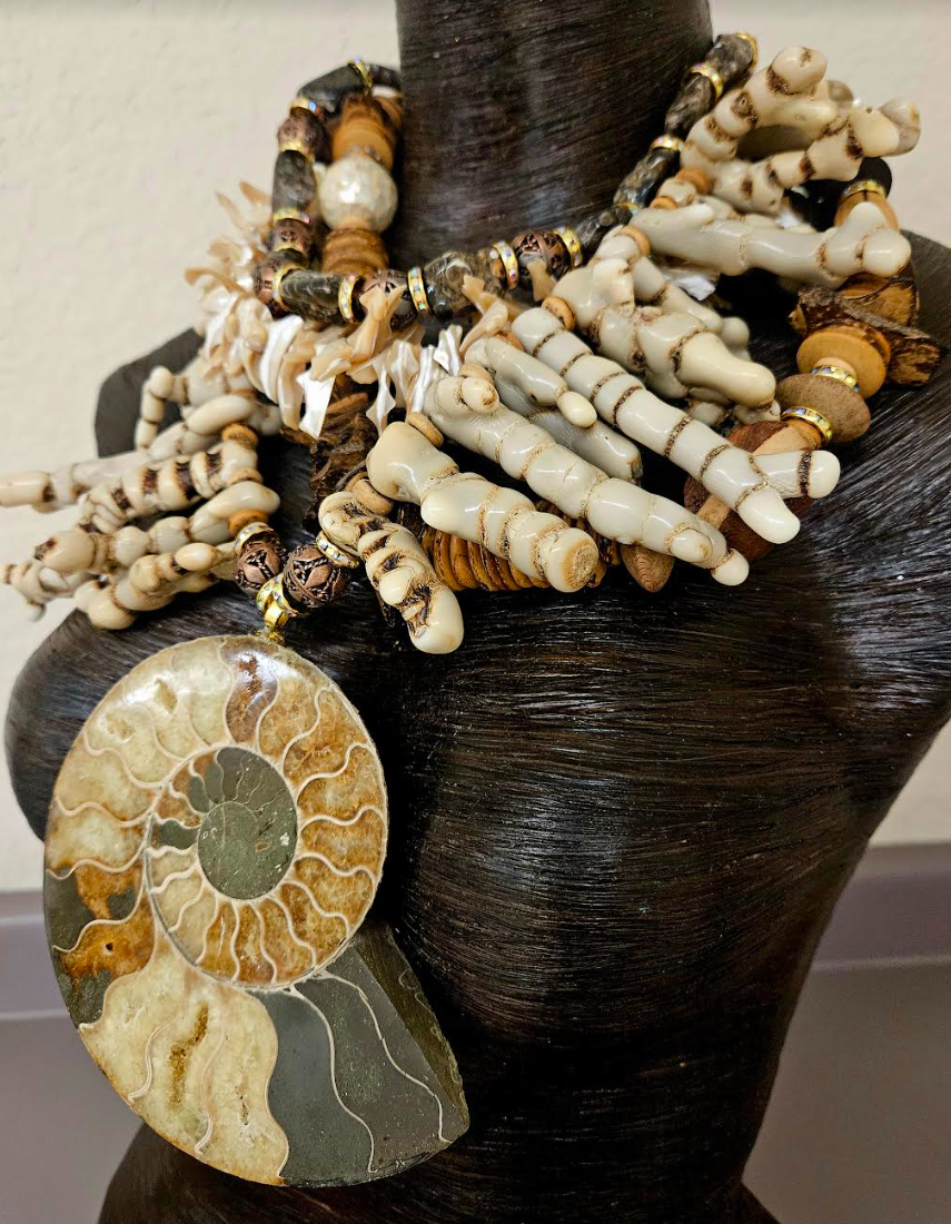 Earth Tone Coral Shell Wood and Fossil Haute Couture Chest Piece - Ammonite Pendant & Mixed Media Sea Gems Statement Necklace - OOAK Wearable Art from Kat Kouture Jewelry - Met Gala Worthy Accessories for Wealthy Women