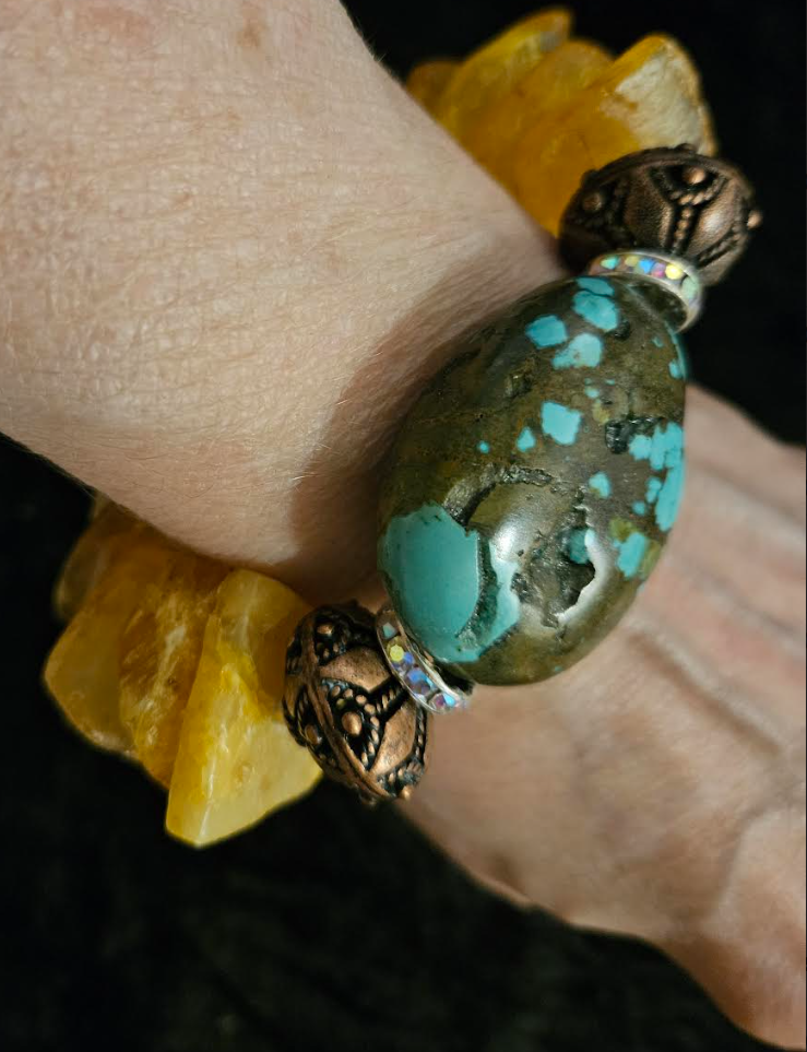 Mexican Amber and Turquoise Luxury Stretch Bracelet - High End Haute Couture Gemstone Wrist Candy - Kat Kouture Jewelry