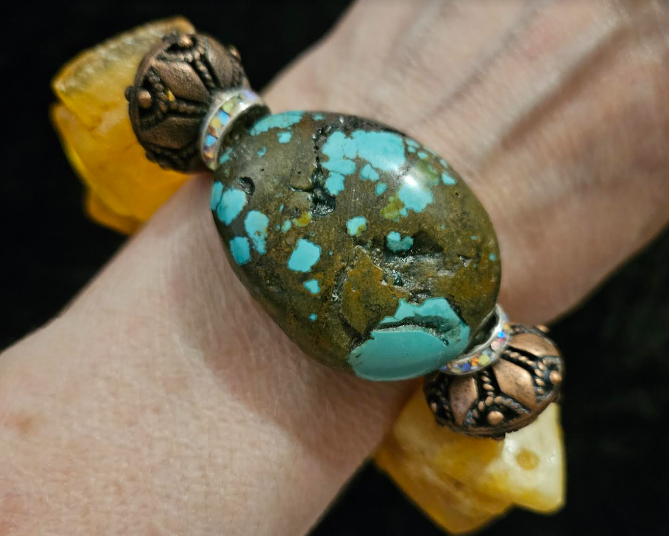 Mexican Amber and Turquoise Luxury Stretch Bracelet - High End Haute Couture Gemstone Wrist Candy - Kat Kouture Jewelry