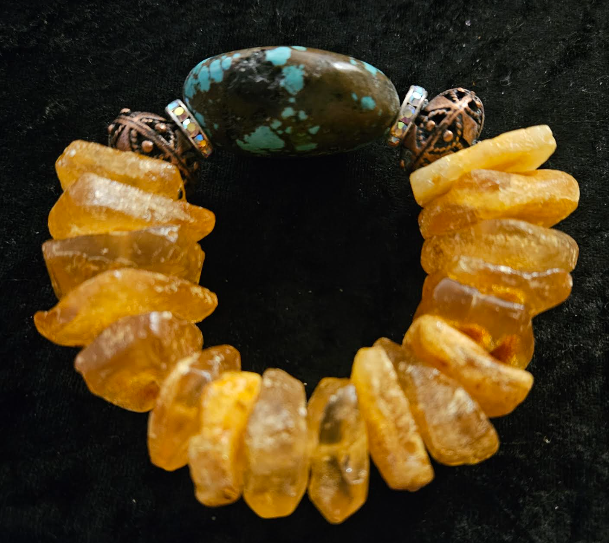 Mexican Amber and Turquoise Luxury Stretch Bracelet - High End Haute Couture Gemstone Wrist Candy - Kat Kouture Jewelry