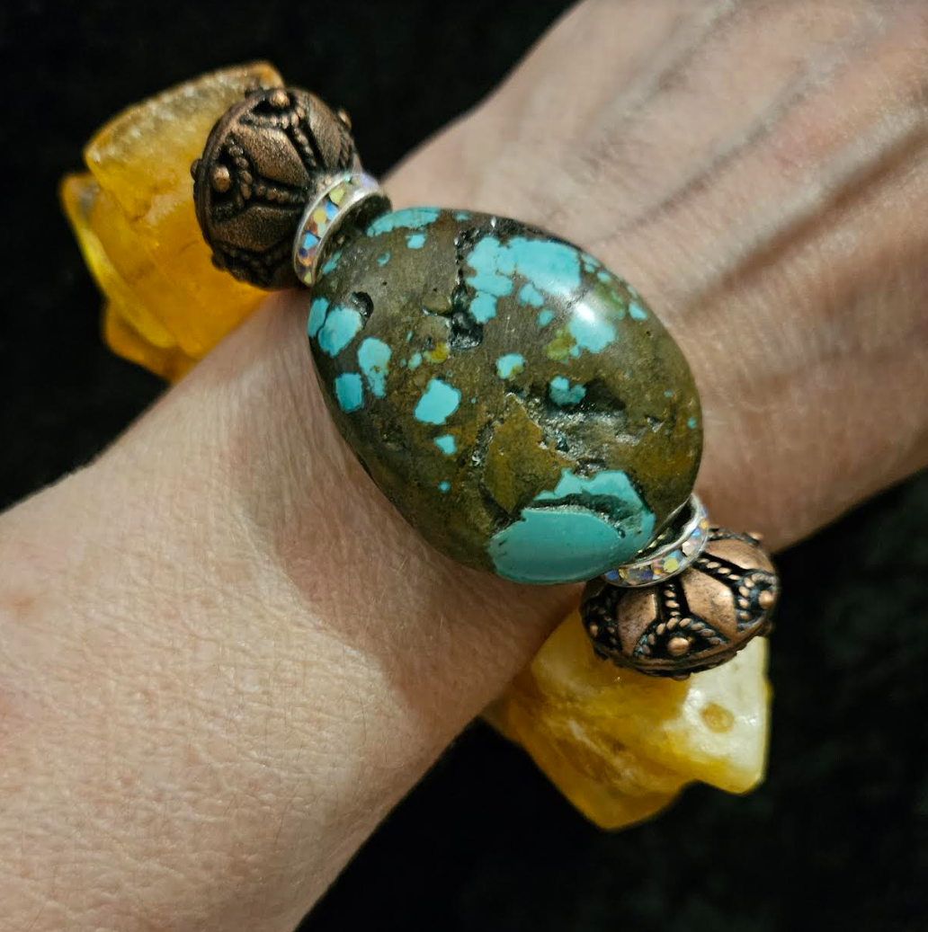 Mexican Amber and Turquoise Luxury Stretch Bracelet - High End Haute Couture Gemstone Wrist Candy - Kat Kouture Jewelry