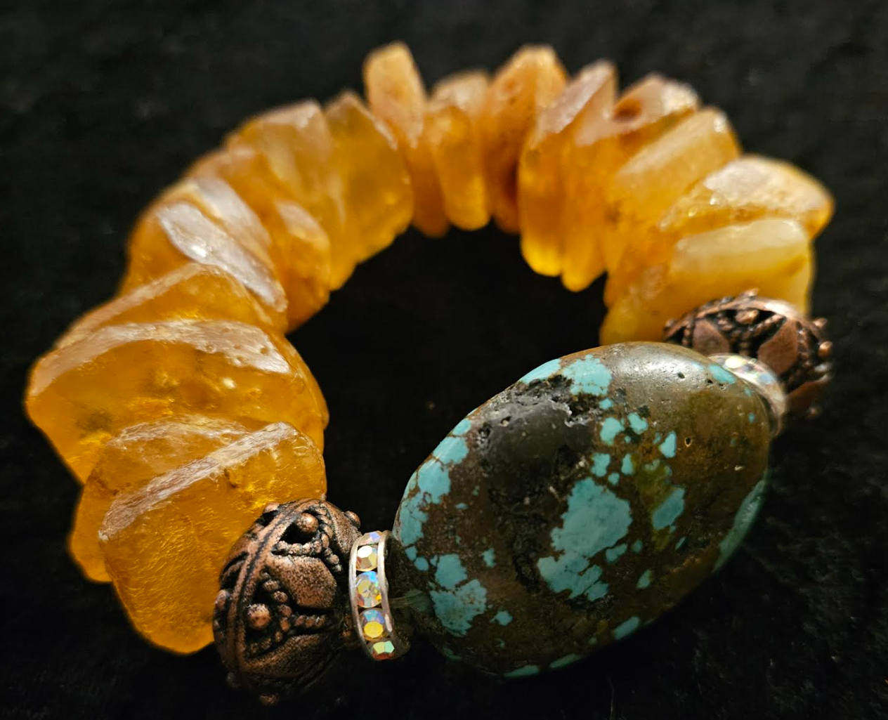 Mexican Amber and Turquoise Luxury Stretch Bracelet - High End Haute Couture Gemstone Wrist Candy - Kat Kouture Jewelry