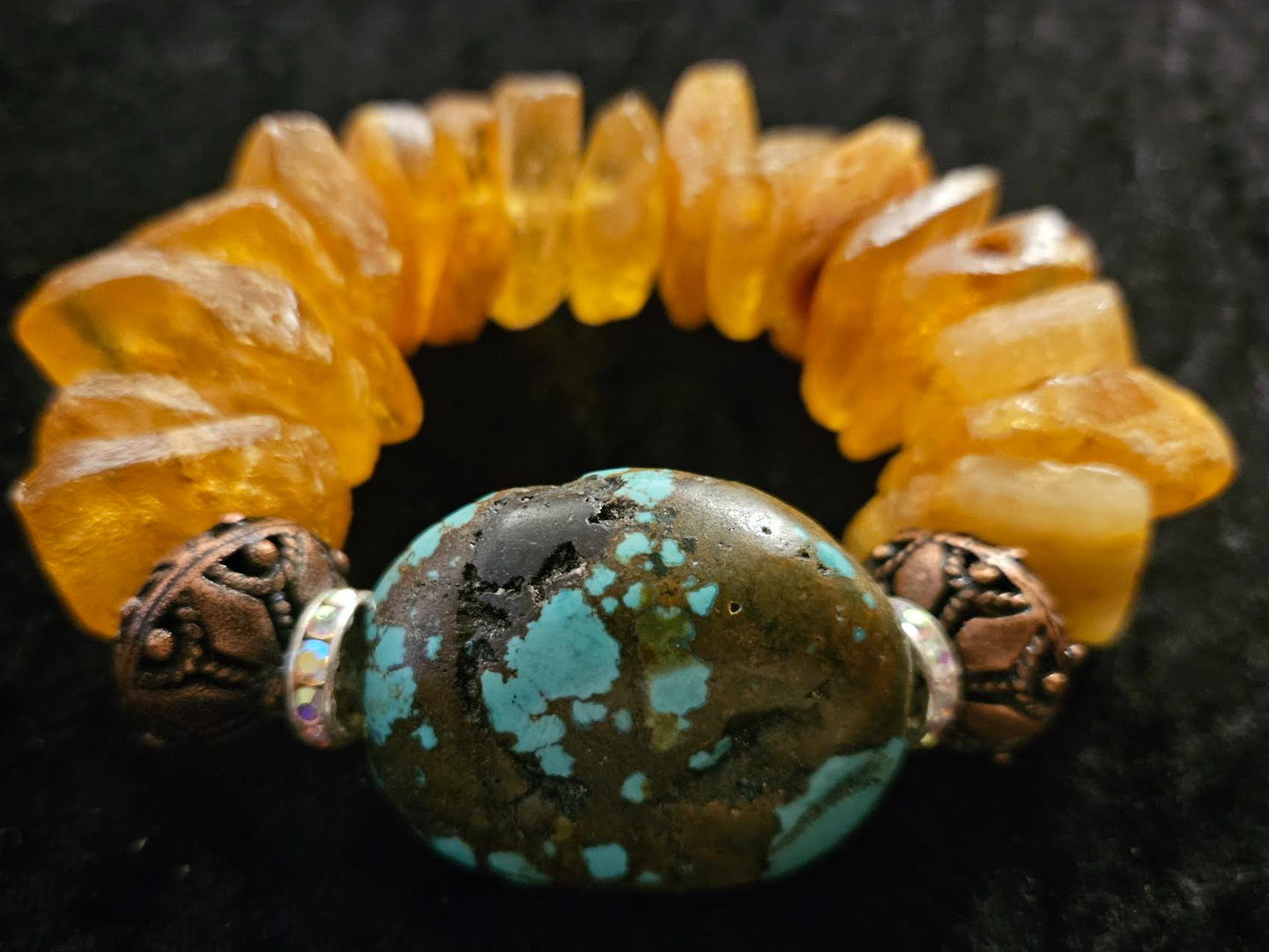 Mexican Amber and Turquoise Luxury Stretch Bracelet - High End Haute Couture Gemstone Wrist Candy - Kat Kouture Jewelry