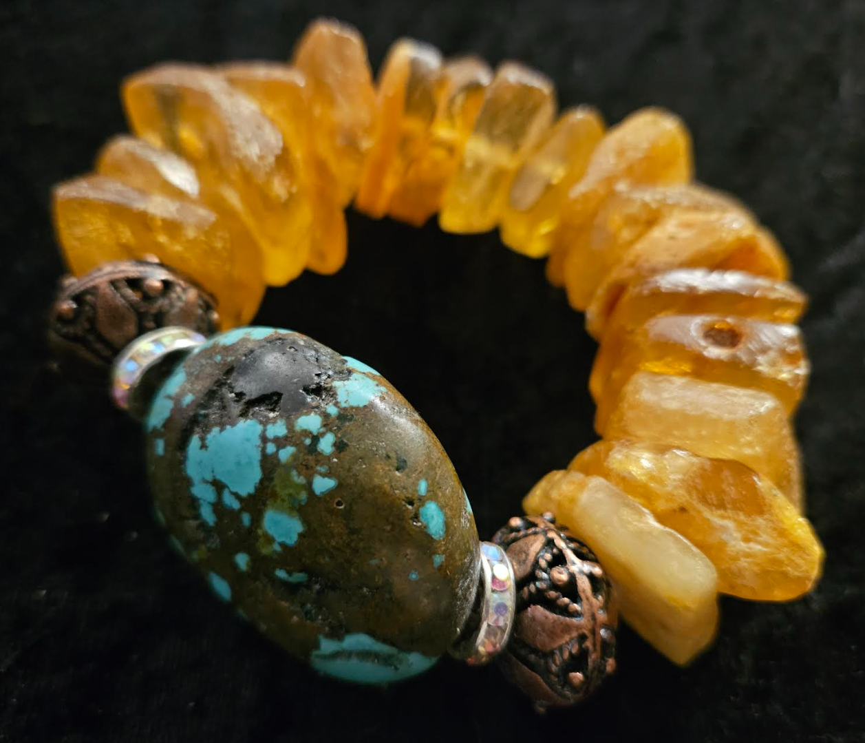 Mexican Amber and Turquoise Luxury Stretch Bracelet - High End Haute Couture Gemstone Wrist Candy - Kat Kouture Jewelry