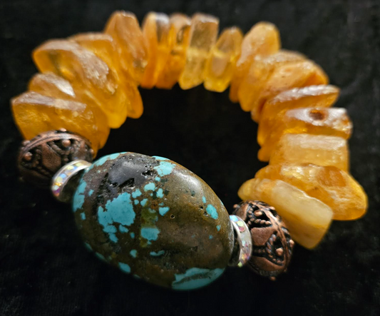 Mexican Amber and Turquoise Luxury Stretch Bracelet - High End Haute Couture Gemstone Wrist Candy - Kat Kouture Jewelry