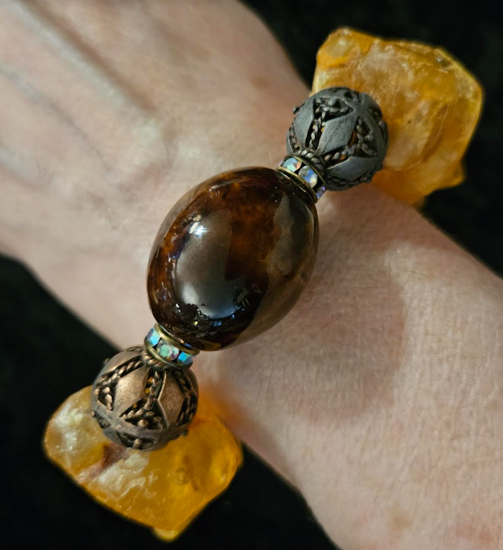 Mexican Amber Copper & Porcelain Stretch Bracelet - Bold Chunky Gemstone Wrist Candy - Kat Kouture Jewelry