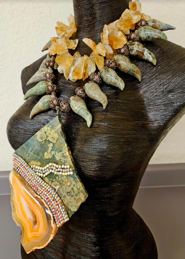 Exotic Dramatic Rainforest Jasper Slab & Rough Citrine Artisan Chest Piece - Jungle Fever Inspired Neck Candy - Olive Green and Gold Luxury Gemstone Art to Wear -  Kat Kouture Jewelry