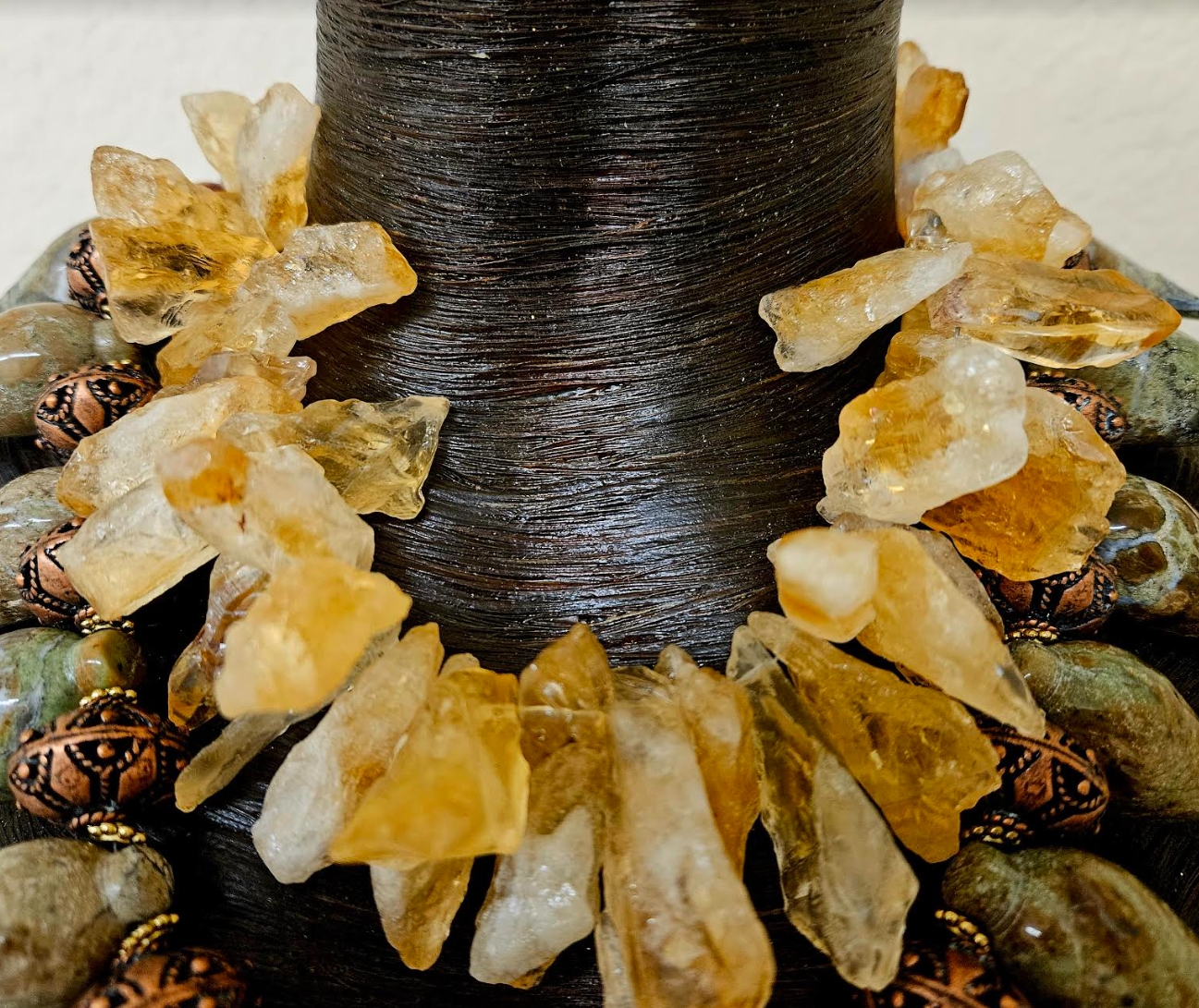 Exotic Dramatic Rainforest Jasper Slab & Rough Citrine Artisan Chest Piece - Jungle Fever Inspired Neck Candy - Olive Green and Gold Luxury Gemstone Art to Wear -  Kat Kouture Jewelry