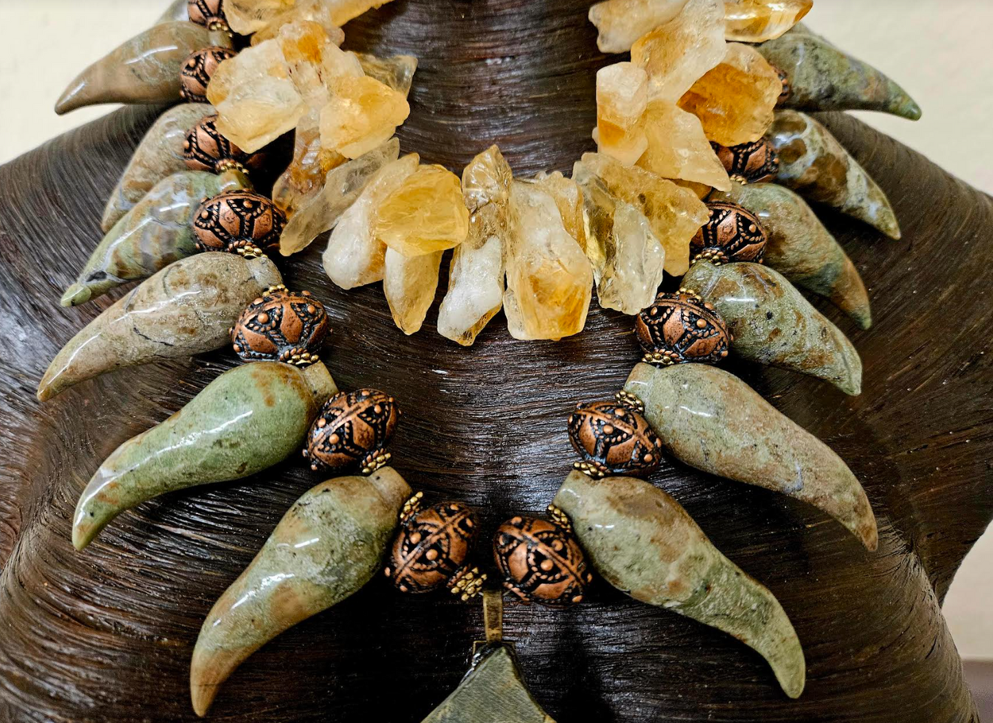 Exotic Dramatic Rainforest Jasper Slab & Rough Citrine Artisan Chest Piece - Jungle Fever Inspired Neck Candy - Olive Green and Gold Luxury Gemstone Art to Wear -  Kat Kouture Jewelry