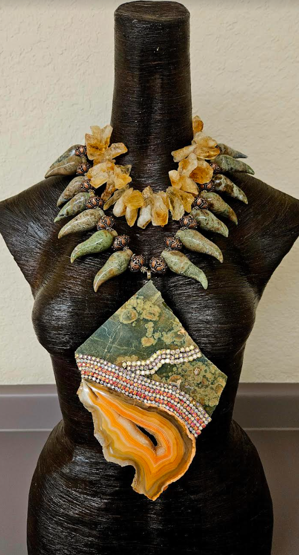 Exotic Dramatic Rainforest Jasper Slab & Rough Citrine Artisan Chest Piece - Jungle Fever Inspired Neck Candy - Olive Green and Gold Luxury Gemstone Art to Wear -  Kat Kouture Jewelry