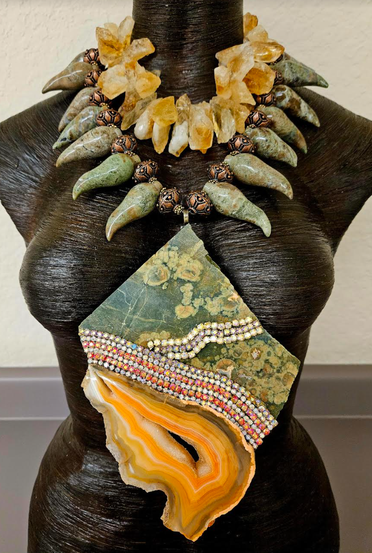 Exotic Dramatic Rainforest Jasper Slab & Rough Citrine Artisan Chest Piece - Jungle Fever Inspired Neck Candy - Olive Green and Gold Luxury Gemstone Art to Wear -  Kat Kouture Jewelry