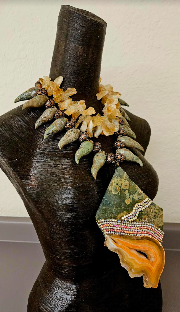 Exotic Dramatic Rainforest Jasper Slab & Rough Citrine Artisan Chest Piece - Jungle Fever Inspired Neck Candy - Olive Green and Gold Luxury Gemstone Art to Wear -  Kat Kouture Jewelry