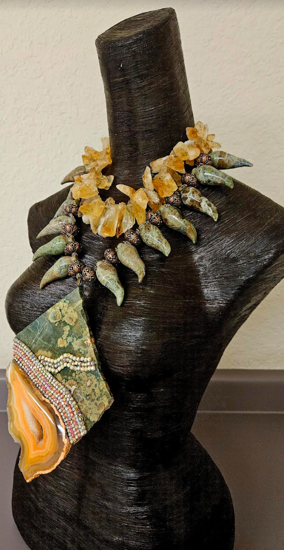 Exotic Dramatic Rainforest Jasper Slab & Rough Citrine Artisan Chest Piece - Jungle Fever Inspired Neck Candy - Olive Green and Gold Luxury Gemstone Art to Wear -  Kat Kouture Jewelry