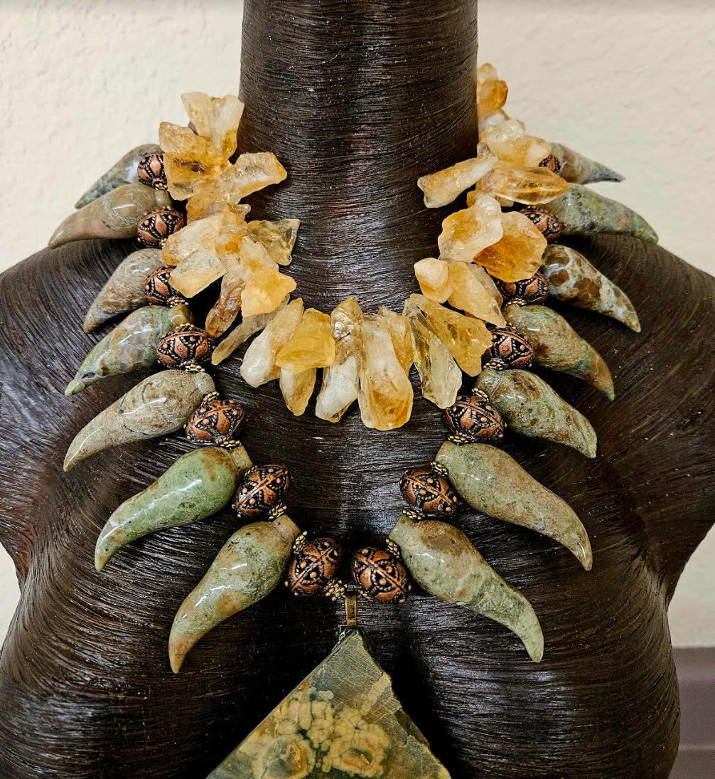 Exotic Dramatic Rainforest Jasper Slab & Rough Citrine Artisan Chest Piece - Jungle Fever Inspired Neck Candy - Olive Green and Gold Luxury Gemstone Art to Wear -  Kat Kouture Jewelry