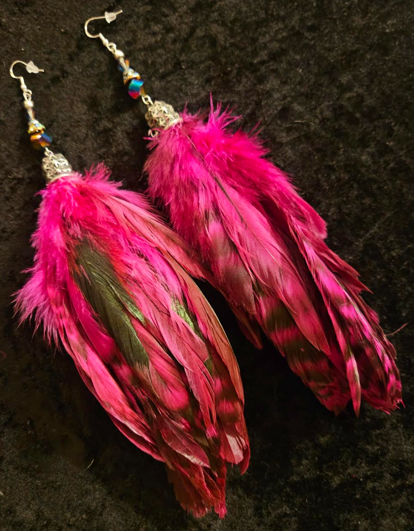 Fuchsia and Black Rooster Feather Long Pierced Earrings - Fantasy Fetish Shoulder Duster Earrings - Feather Ear Candy - Kat Kouture Jewelry