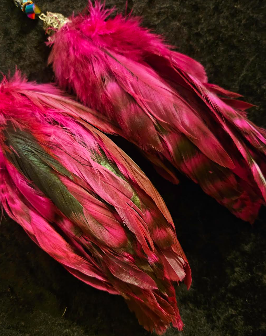 Fuchsia and Black Rooster Feather Long Pierced Earrings - Fantasy Fetish Shoulder Duster Earrings - Feather Ear Candy - Kat Kouture Jewelry