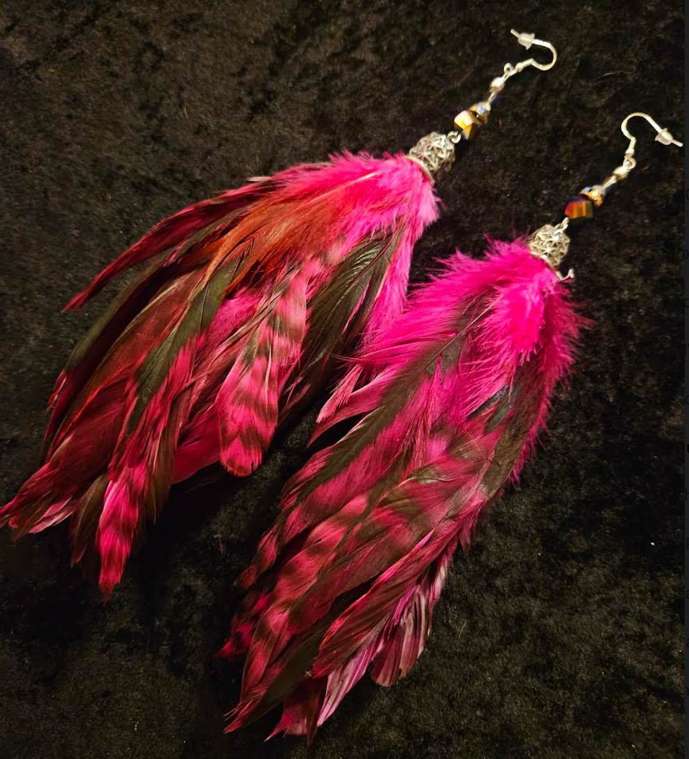 Fuchsia and Black Rooster Feather Long Pierced Earrings - Fantasy Fetish Shoulder Duster Earrings - Feather Ear Candy - Kat Kouture Jewelry