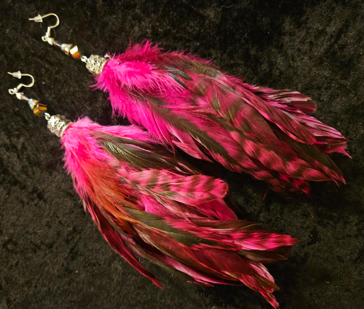 Fuchsia and Black Rooster Feather Long Pierced Earrings - Fantasy Fetish Shoulder Duster Earrings - Feather Ear Candy - Kat Kouture Jewelry