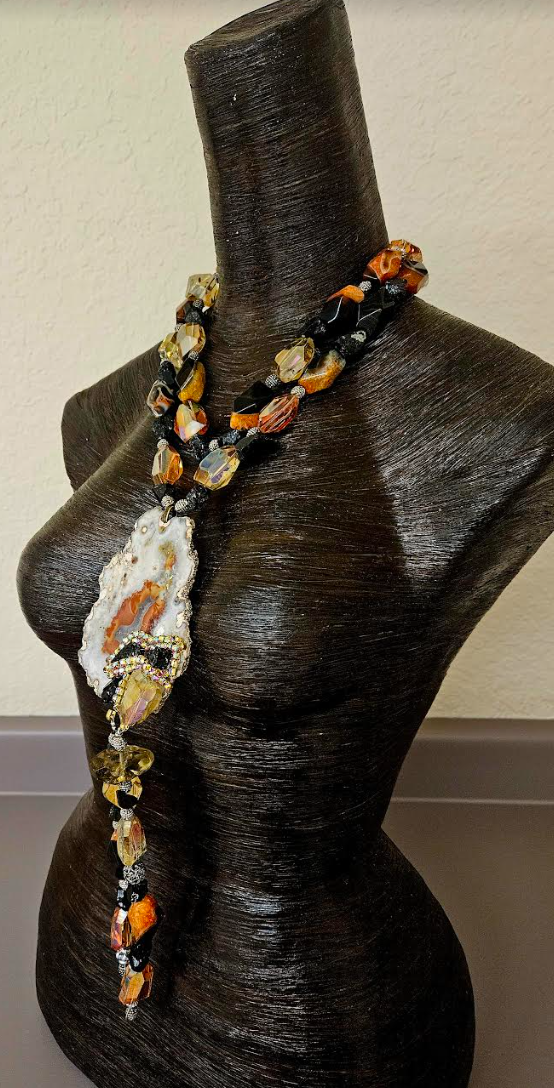 Exotic Autumn Slab & Beaded Chest Piece - Gemstone and Crystal Statement Pendant for Women of Color - Kat Kouture Jewelry