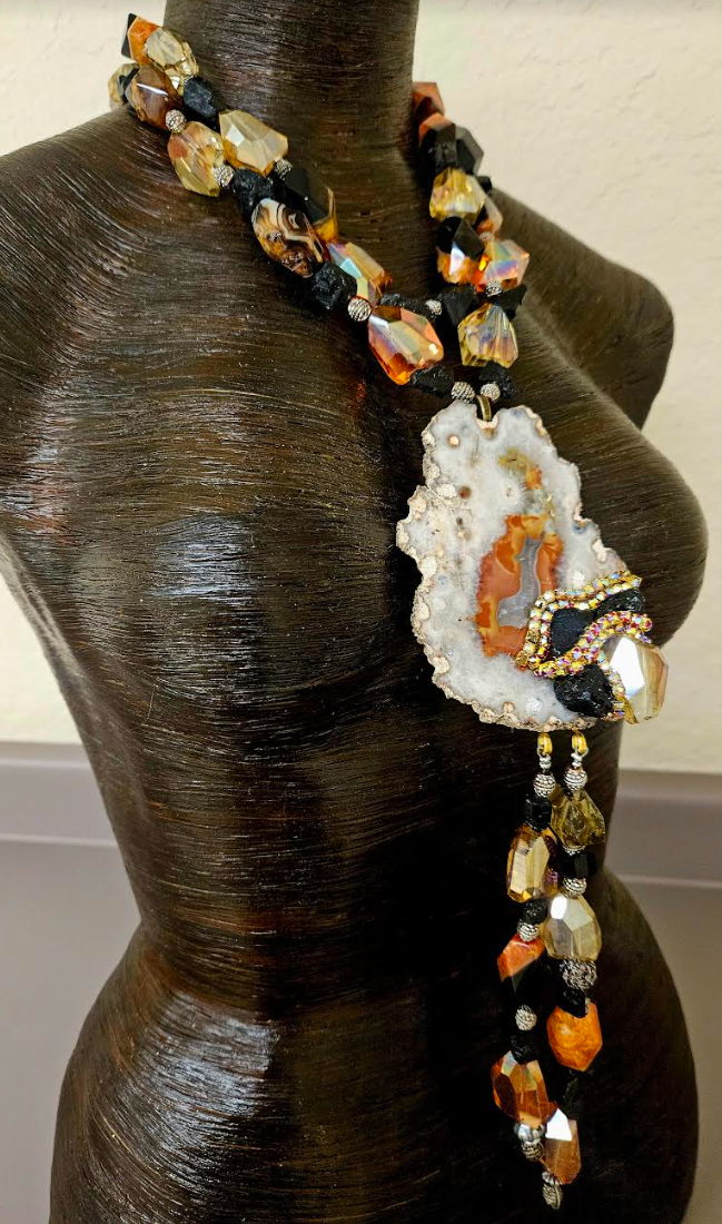 Exotic Autumn Slab & Beaded Chest Piece - Gemstone and Crystal Statement Pendant for Women of Color - Kat Kouture Jewelry