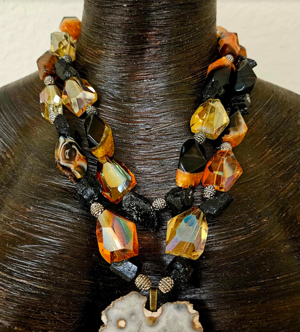 Exotic Autumn Slab & Beaded Chest Piece - Gemstone and Crystal Statement Pendant for Women of Color - Kat Kouture Jewelry