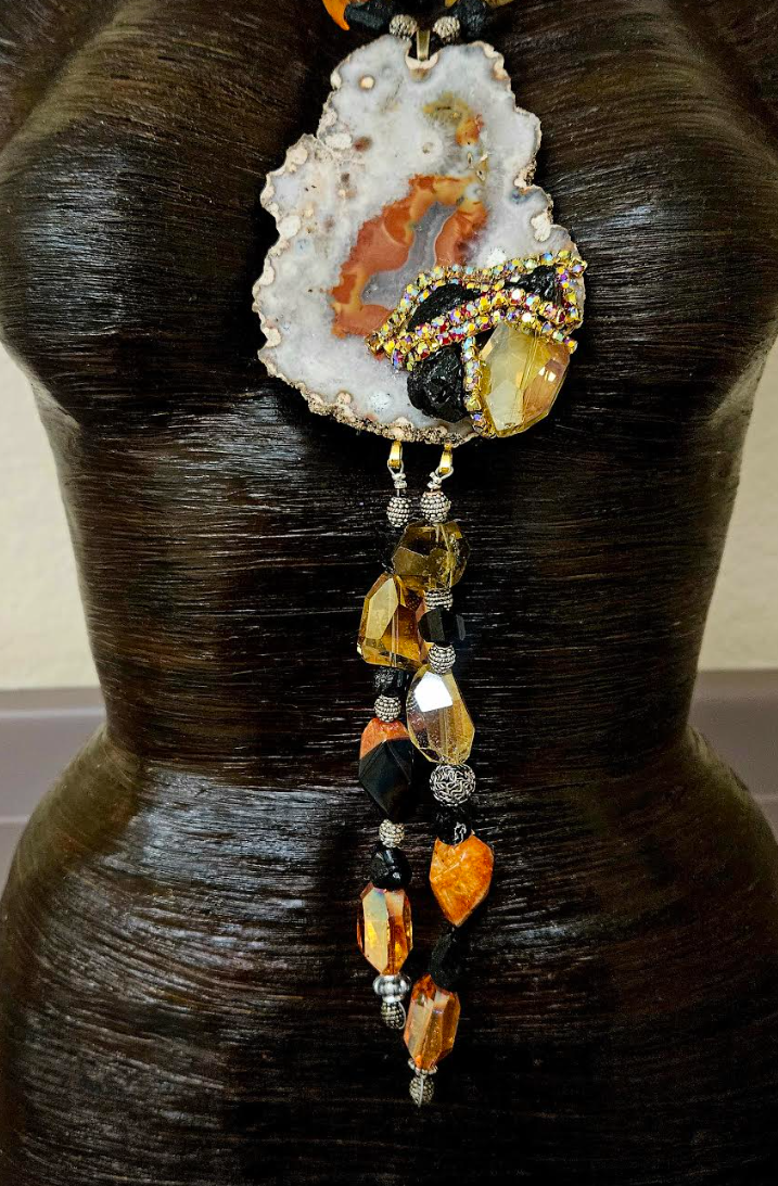 Exotic Autumn Slab & Beaded Chest Piece - Gemstone and Crystal Statement Pendant for Women of Color - Kat Kouture Jewelry