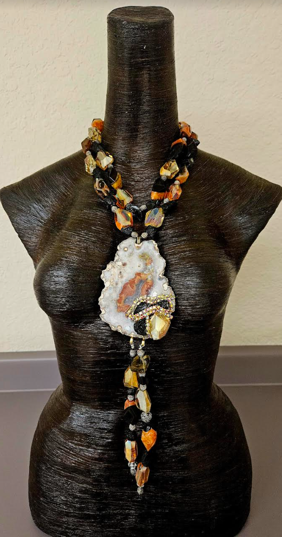 Exotic Autumn Slab & Beaded Chest Piece - Gemstone and Crystal Statement Pendant for Women of Color - Kat Kouture Jewelry