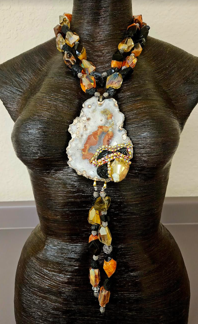 Exotic Autumn Slab & Beaded Chest Piece - Gemstone and Crystal Statement Pendant for Women of Color - Kat Kouture Jewelry