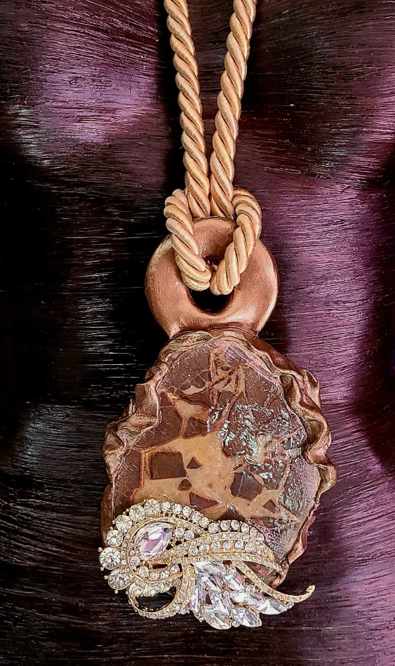 Septarian Slab & Rhinestone Jewel Earthy Statement Pendant - Avant Garde Gemstone Silk Rope Chest Piece - Kat Kouture Jewelry