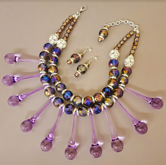 Purple Raindrop Chandelier Crystal Dressy Statement Necklace & Earrings - Lavender & Purple Bling Neck Candy - Bridal Wedding or Black Tie Beaded Chest Piece - Kat Kouture Jewelry - Showstopper Accessory