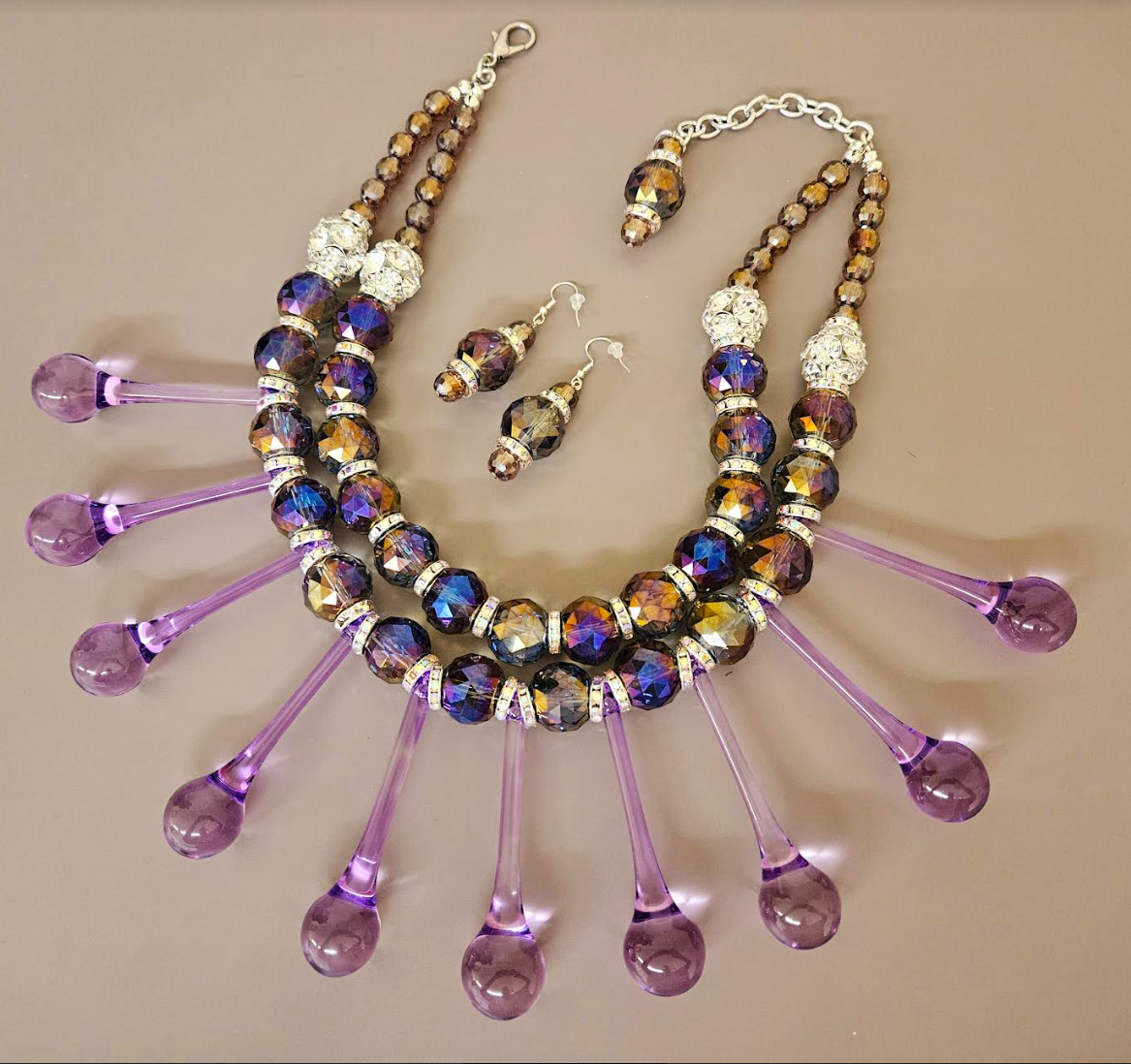 Purple Raindrop Chandelier Crystal Dressy Statement Necklace & Earrings - Lavender & Purple Bling Neck Candy - Bridal Wedding or Black Tie Beaded Chest Piece - Kat Kouture Jewelry - Showstopper Accessory