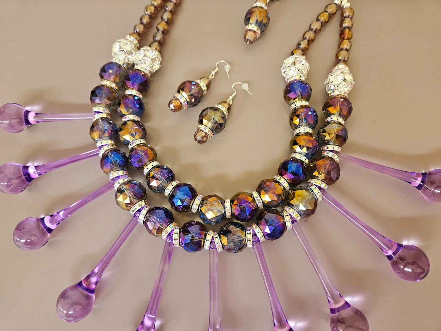 Purple Raindrop Chandelier Crystal Dressy Statement Necklace & Earrings - Lavender & Purple Bling Neck Candy - Bridal Wedding or Black Tie Beaded Chest Piece - Kat Kouture Jewelry - Showstopper Accessory