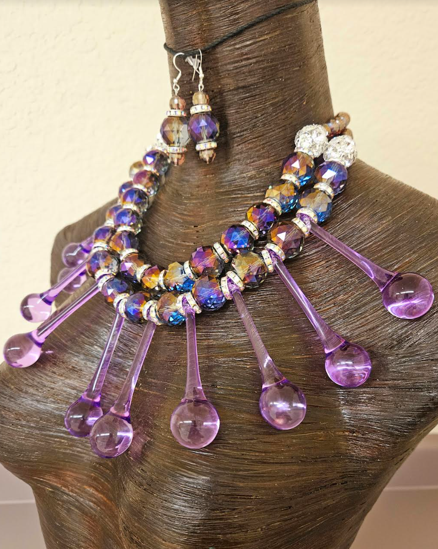 Purple Raindrop Chandelier Crystal Dressy Statement Necklace & Earrings - Lavender & Purple Bling Neck Candy - Bridal Wedding or Black Tie Beaded Chest Piece - Kat Kouture Jewelry - Showstopper Accessory