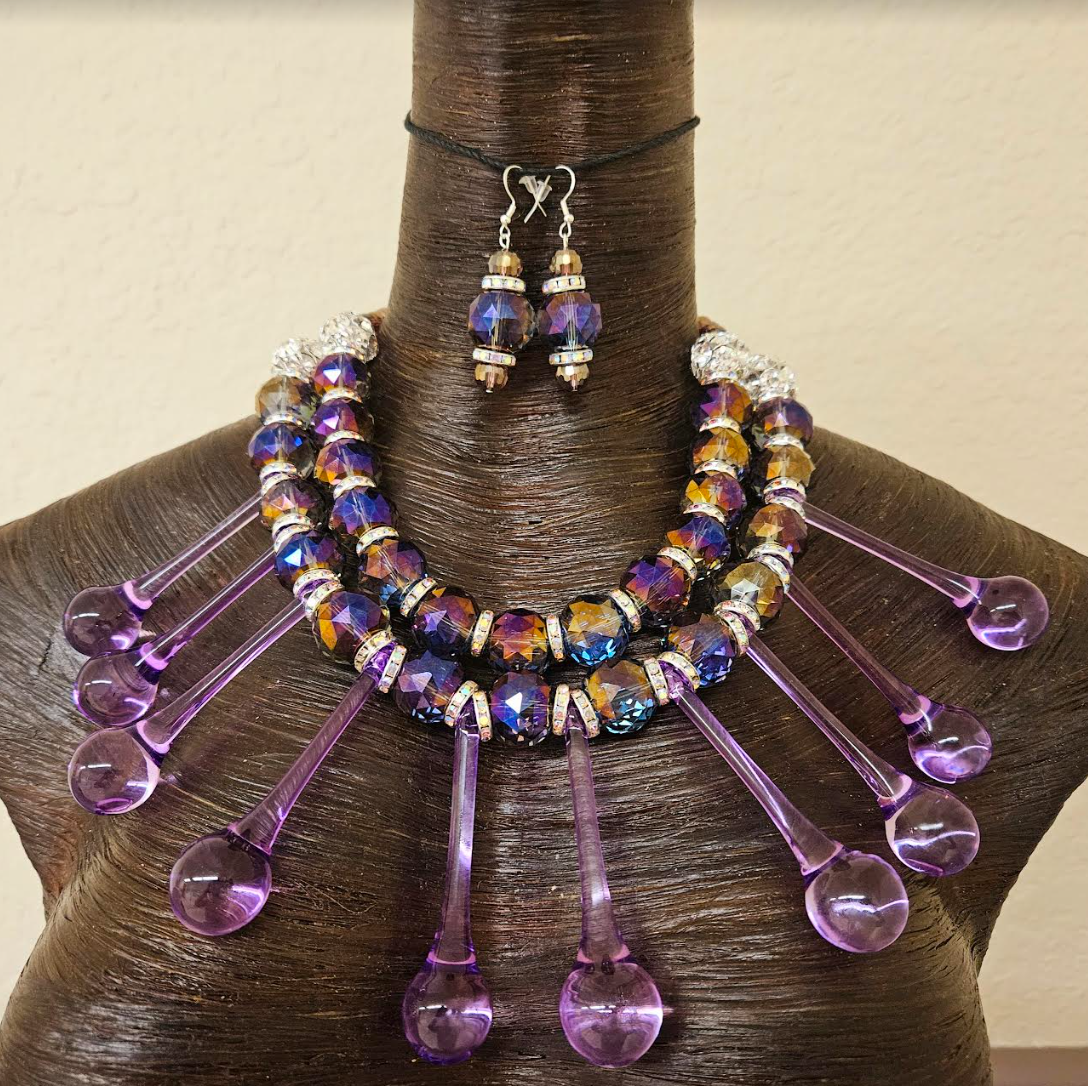 Purple Raindrop Chandelier Crystal Dressy Statement Necklace & Earrings - Lavender & Purple Bling Neck Candy - Bridal Wedding or Black Tie Beaded Chest Piece - Kat Kouture Jewelry - Showstopper Accessory