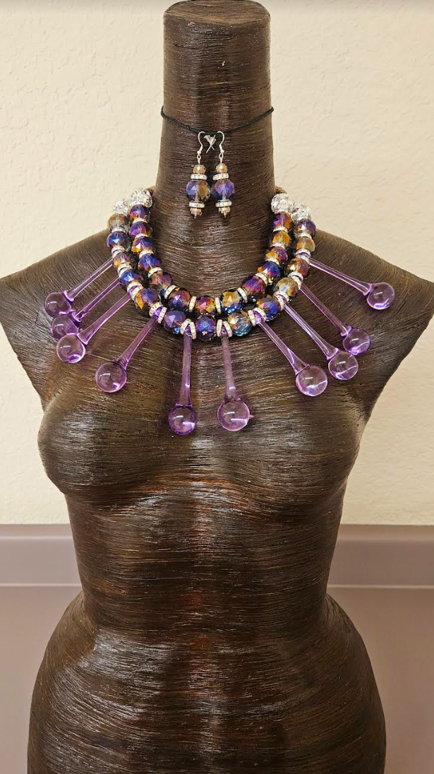 Purple Raindrop Chandelier Crystal Dressy Statement Necklace & Earrings - Lavender & Purple Bling Neck Candy - Bridal Wedding or Black Tie Beaded Chest Piece - Kat Kouture Jewelry - Showstopper Accessory