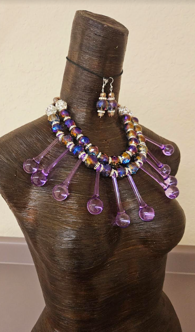 Purple Raindrop Chandelier Crystal Dressy Statement Necklace & Earrings - Lavender & Purple Bling Neck Candy - Bridal Wedding or Black Tie Beaded Chest Piece - Kat Kouture Jewelry - Showstopper Accessory