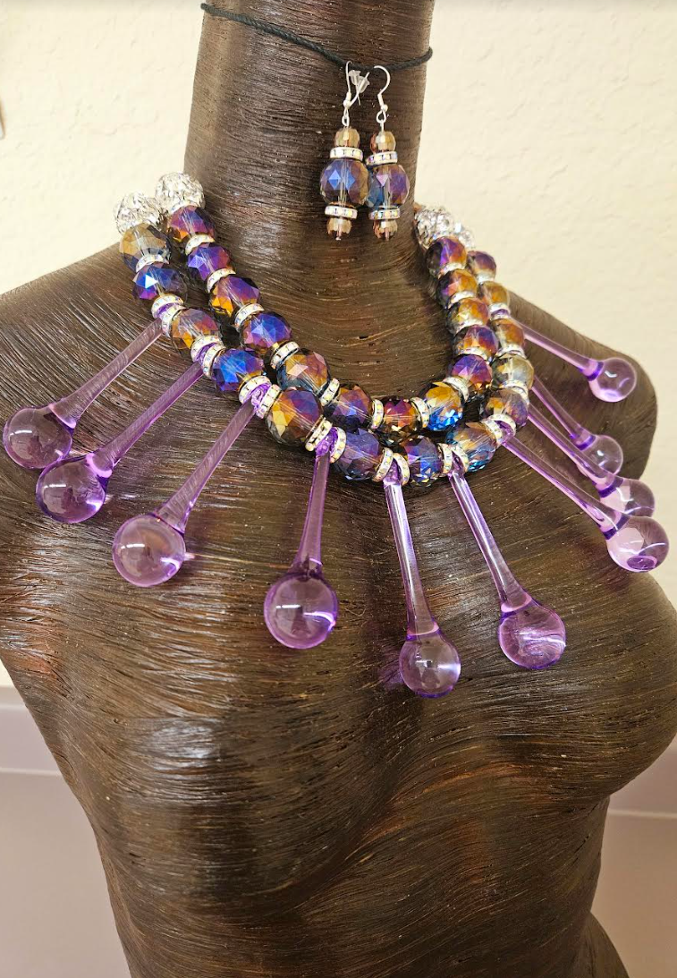 Purple Raindrop Chandelier Crystal Dressy Statement Necklace & Earrings - Lavender & Purple Bling Neck Candy - Bridal Wedding or Black Tie Beaded Chest Piece - Kat Kouture Jewelry - Showstopper Accessory