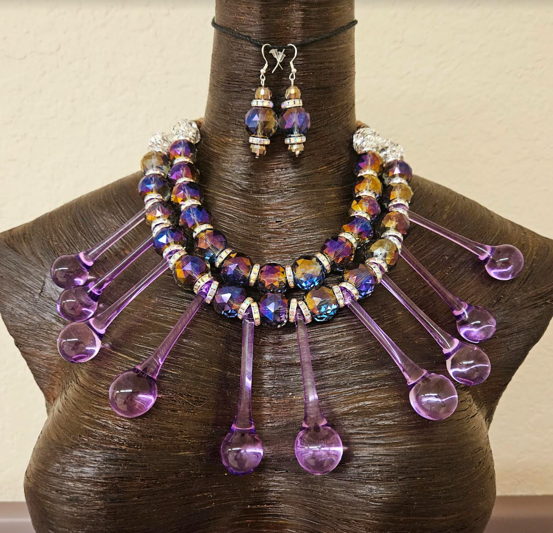 Purple Raindrop Chandelier Crystal Dressy Statement Necklace & Earrings - Lavender & Purple Bling Neck Candy - Bridal Wedding or Black Tie Beaded Chest Piece - Kat Kouture Jewelry - Showstopper Accessory