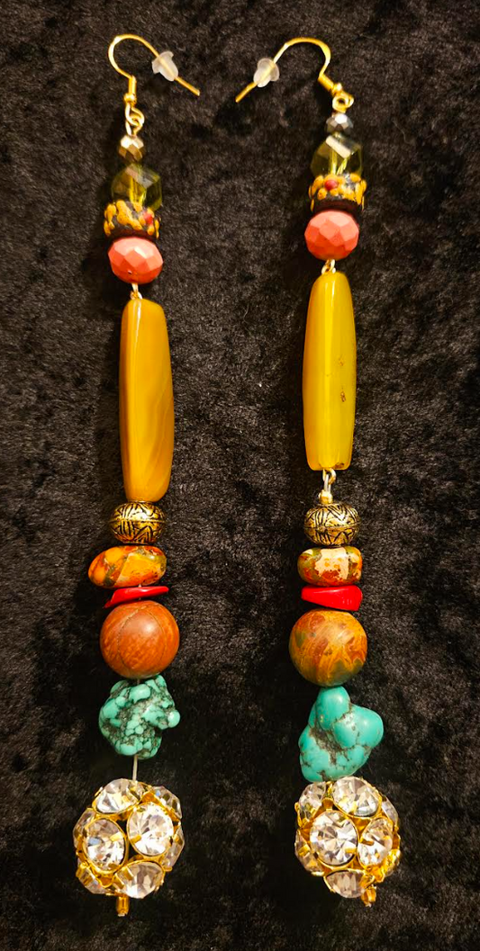 Extremely Long Gemstone Beaded Shoulder Duster Pierced Earrings - Autumn Ear Candy Accessory - Kat Kouture Jewelry