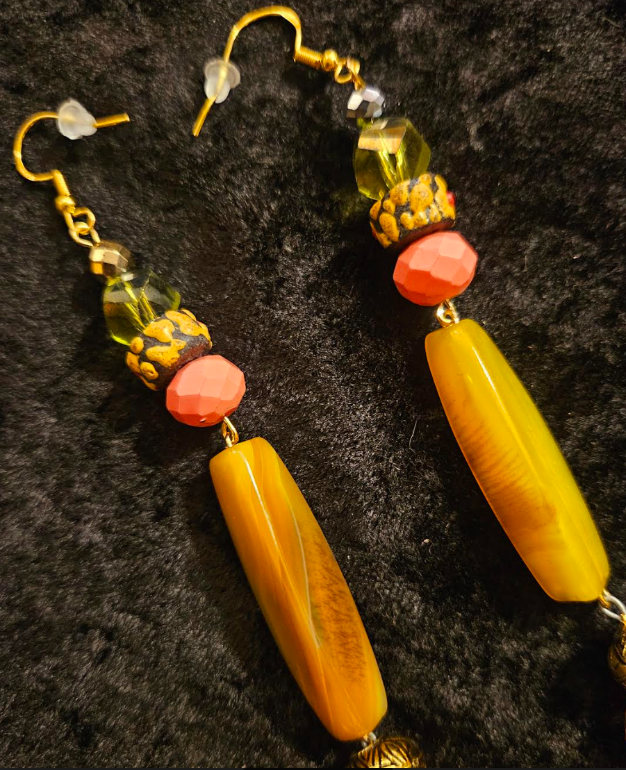 Extremely Long Gemstone Beaded Shoulder Duster Pierced Earrings - Autumn Ear Candy Accessory - Kat Kouture Jewelry