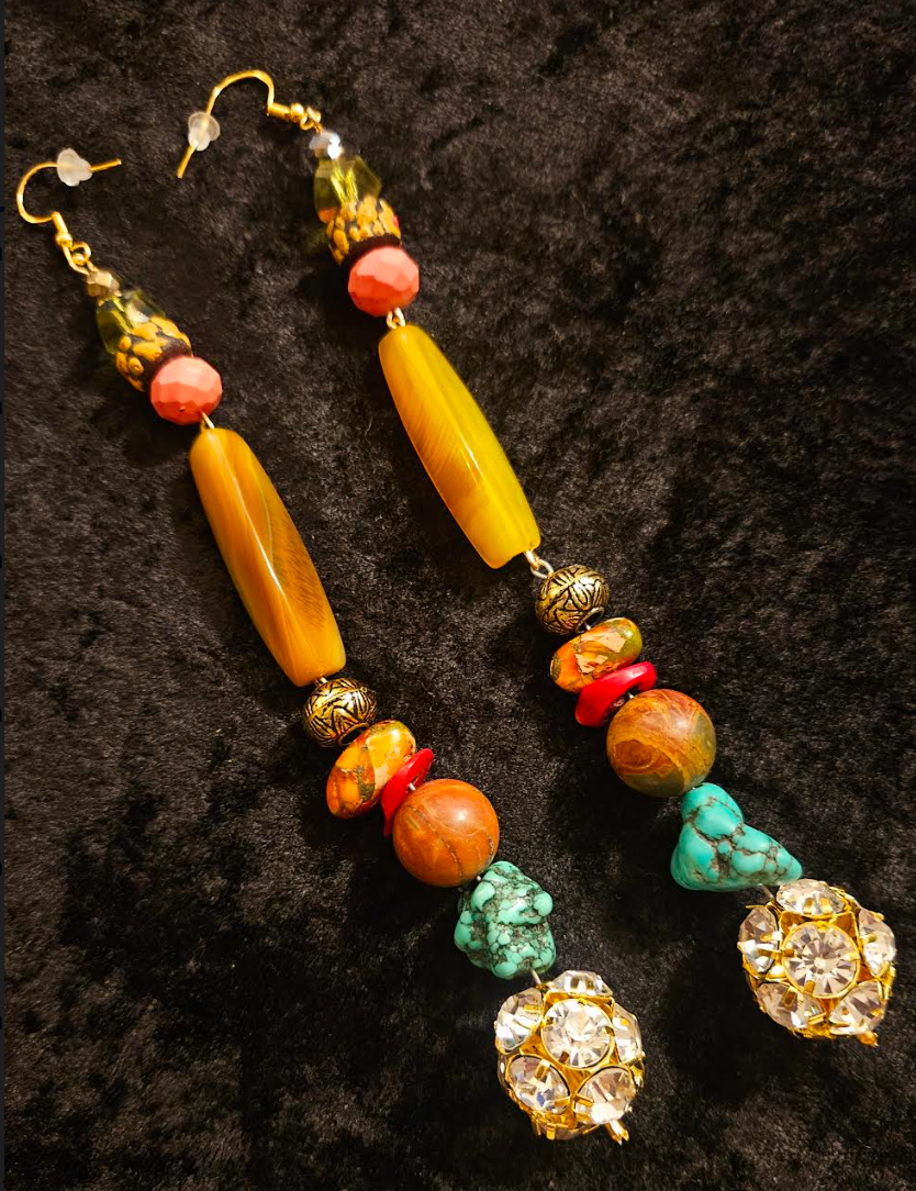 Extremely Long Gemstone Beaded Shoulder Duster Pierced Earrings - Autumn Ear Candy Accessory - Kat Kouture Jewelry