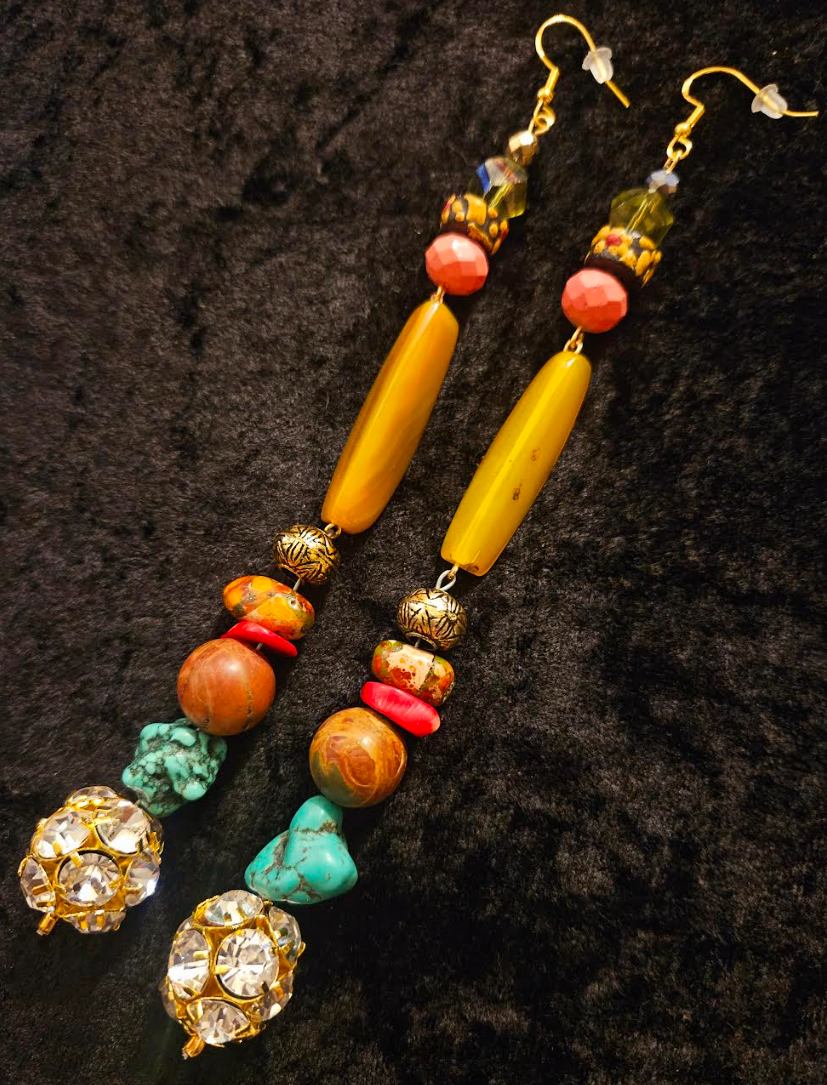 Extremely Long Gemstone Beaded Shoulder Duster Pierced Earrings - Autumn Ear Candy Accessory - Kat Kouture Jewelry